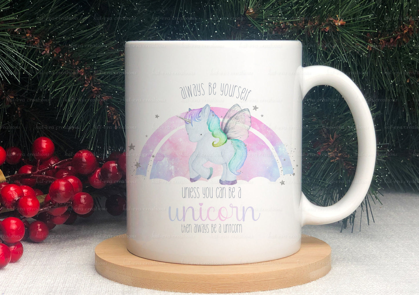 Rainbow unicorn mug. Can be personalised with wording of your choice. ideal for birthday, christmas or back to school