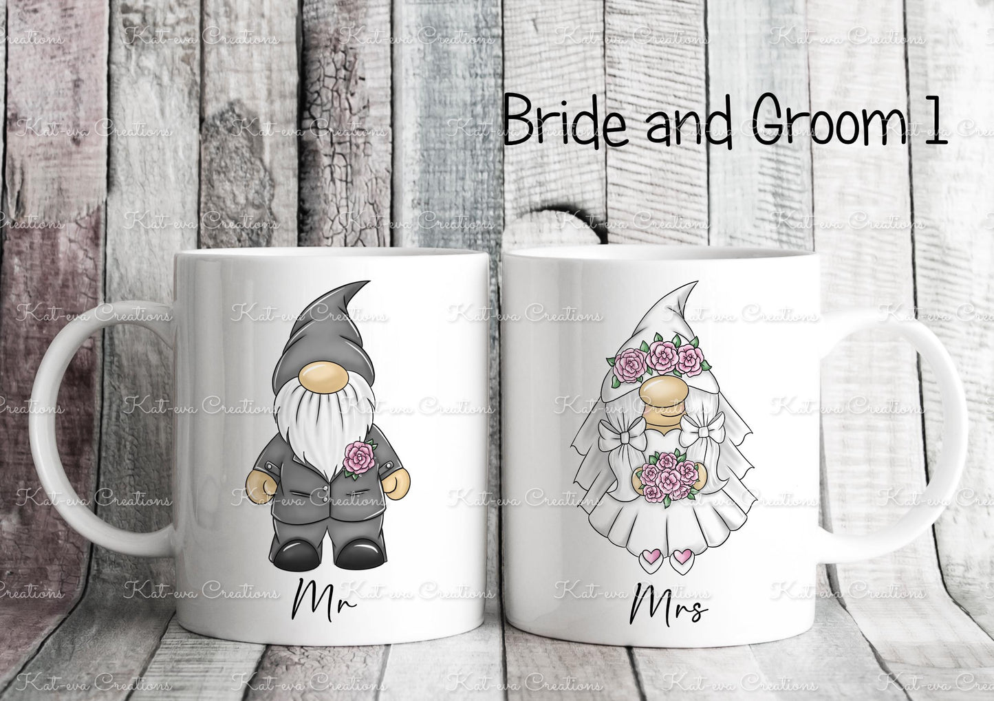 Personalised Bride and groom Mugs. personalised gnomes, gonks, bride and groom. Ideal wedding gift or engagement present
