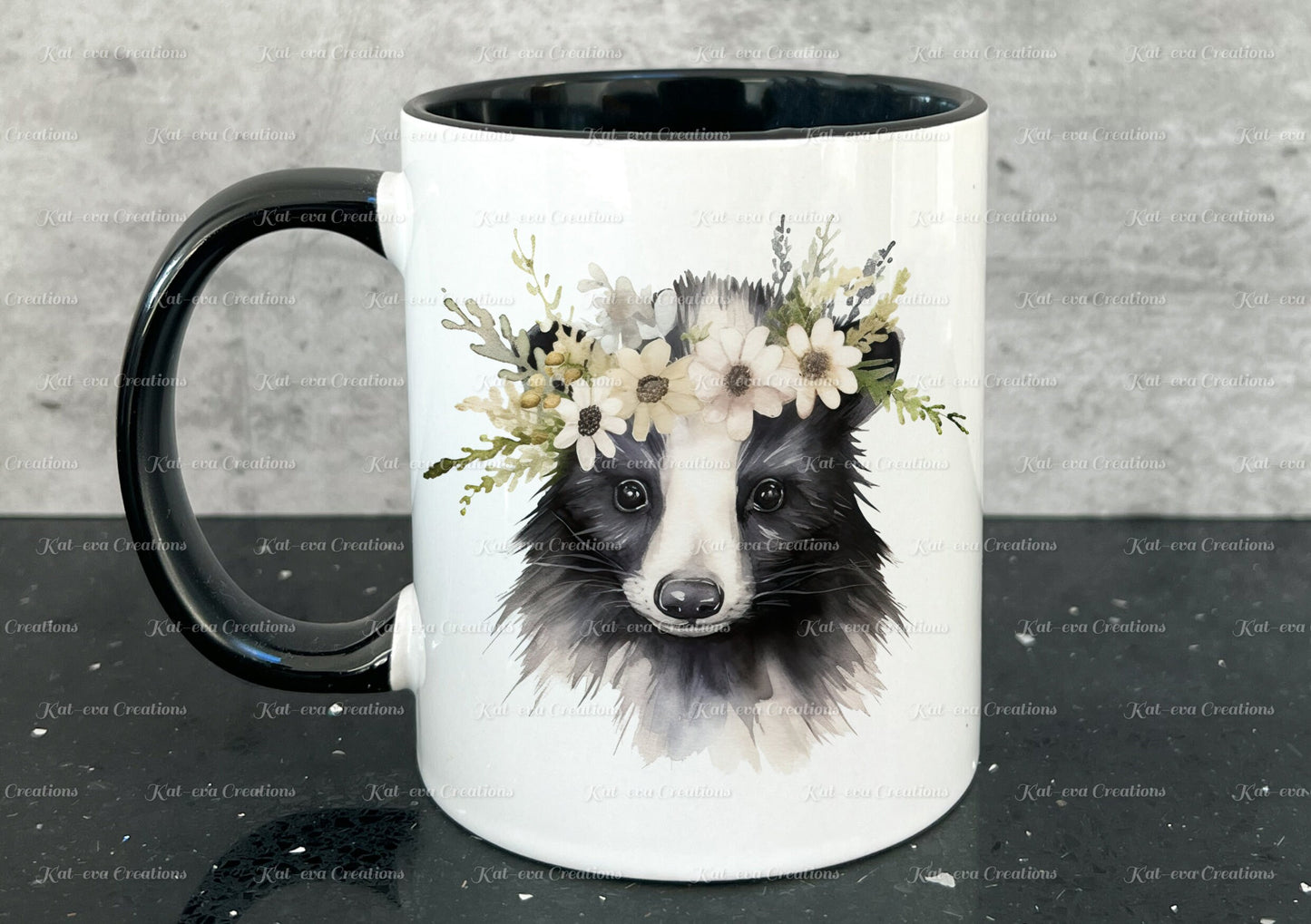 personalised skunk mug. Gorgeous Flower skunk Cup. Ideal for birthday, secret santa, stocking filler or Christmas present