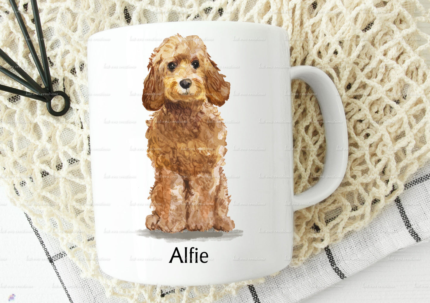personalised dog mug, lots of dogs available, spaniel, cockerpoo, labrador, poodle, bulldog, collie, yorkie, terrier and more