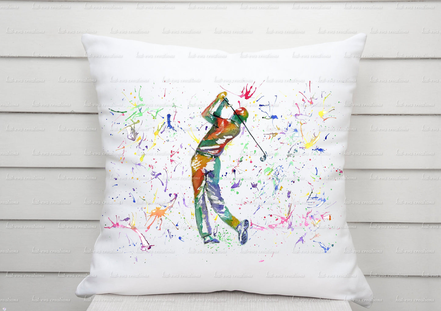 personalised golf watercolour cushion, ideal for birthdays, father's day