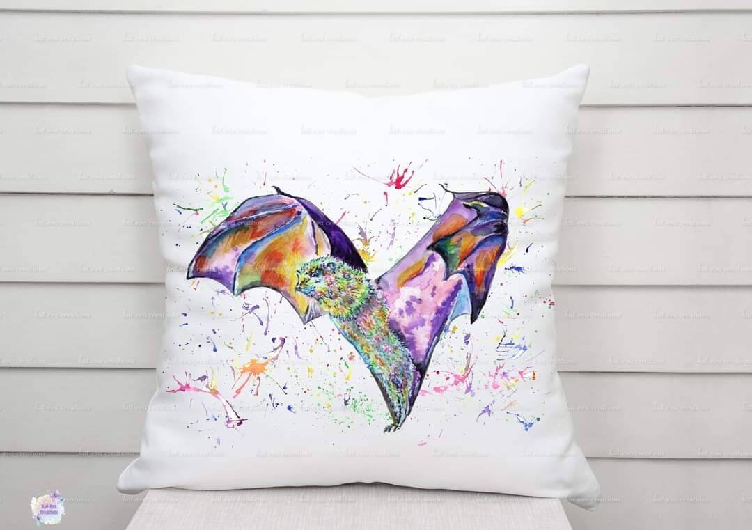 Watercolour bat cushion. can be personalised.