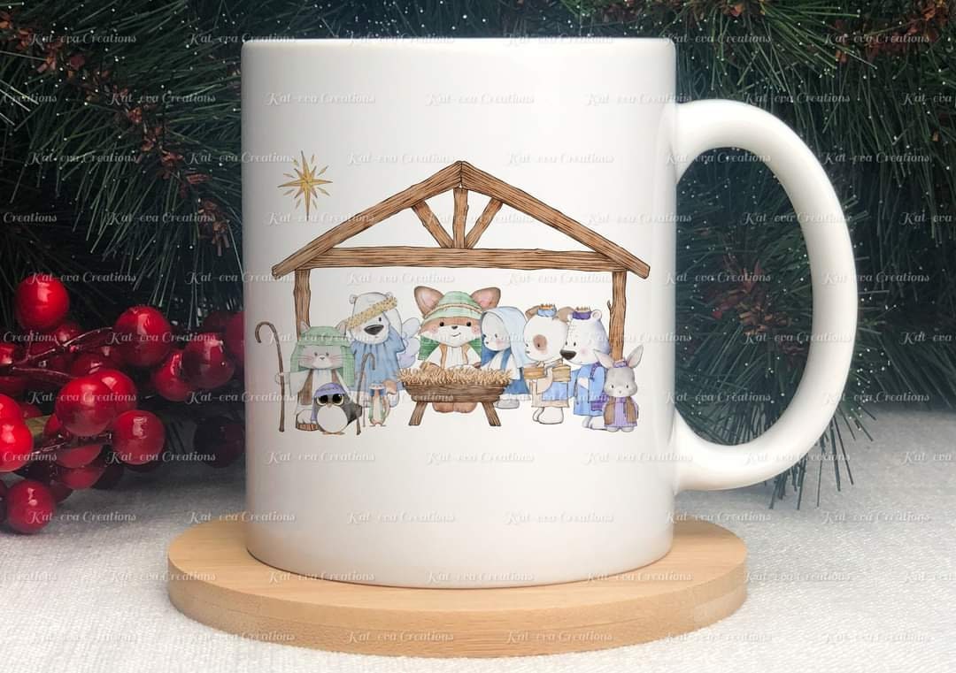 Nativity mug, personalised Christmas Nativity cup. Cute animal nativity. Ideal Christmas, Secret Santa or stocking filler gift