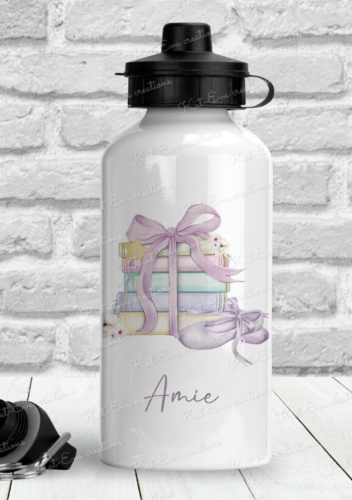 Ballerina bottle, Personalised ballet bottle. ballerina bottle with book stack. Choice name or wording ideal for school, dance class
