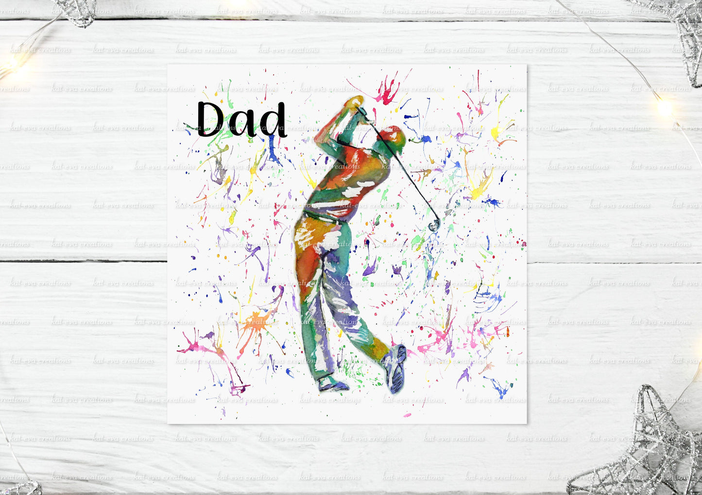 personalised golf, golfer watercolour card. ideal for birthdays, father's day or any other occasion