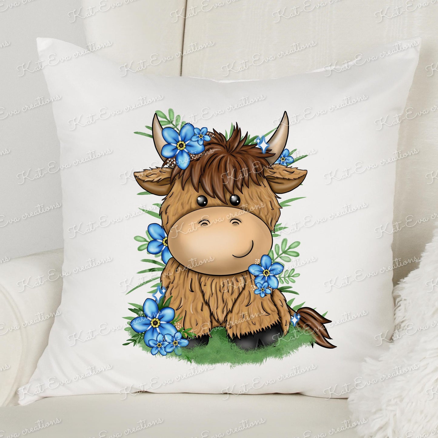 Highland cow cushion. Forget me not personalised highland cow pillow. Valentines or mothers day present birthday gift. highland coo