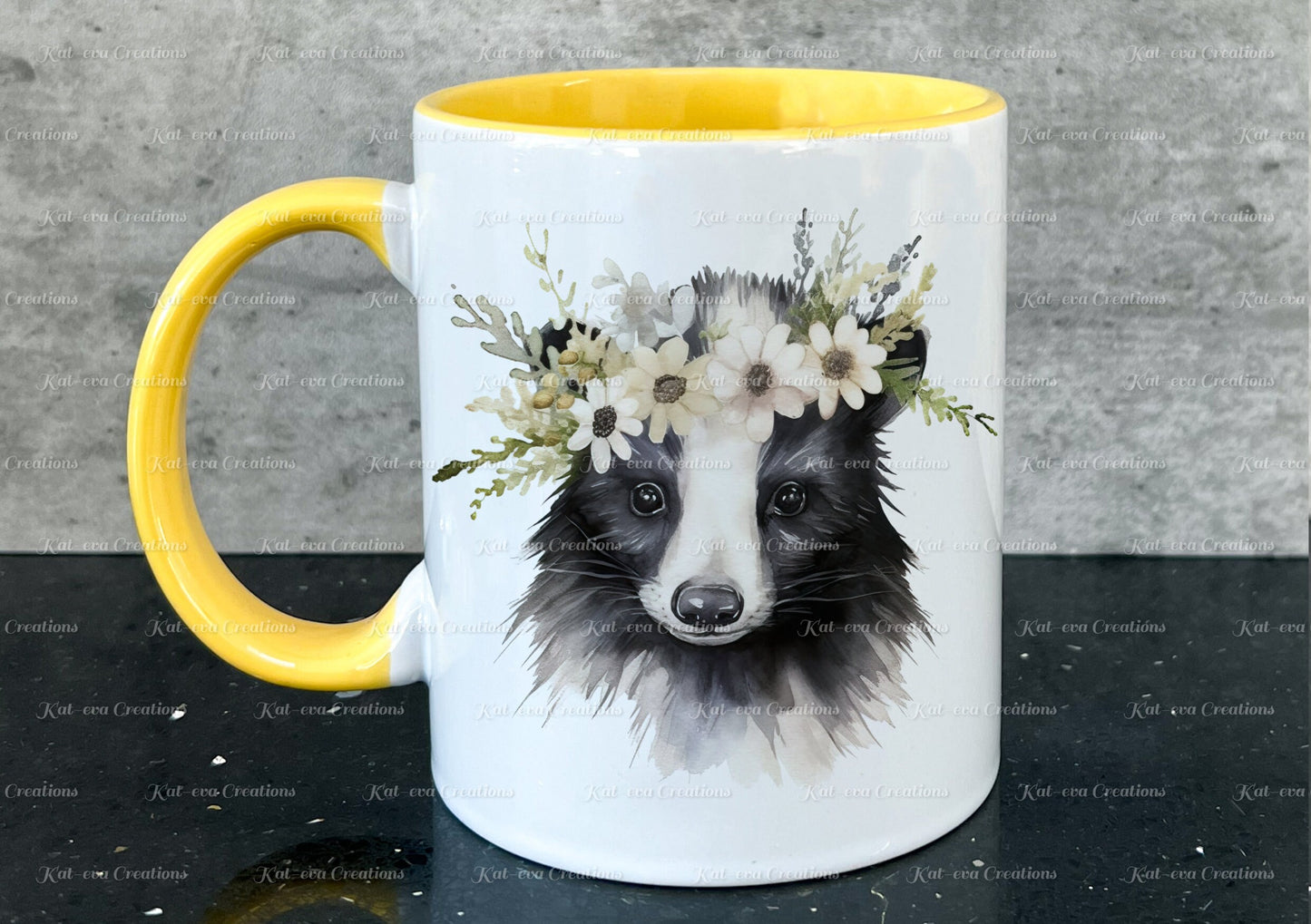 personalised skunk mug. Gorgeous Flower skunk Cup. Ideal for birthday, secret santa, stocking filler or Christmas present
