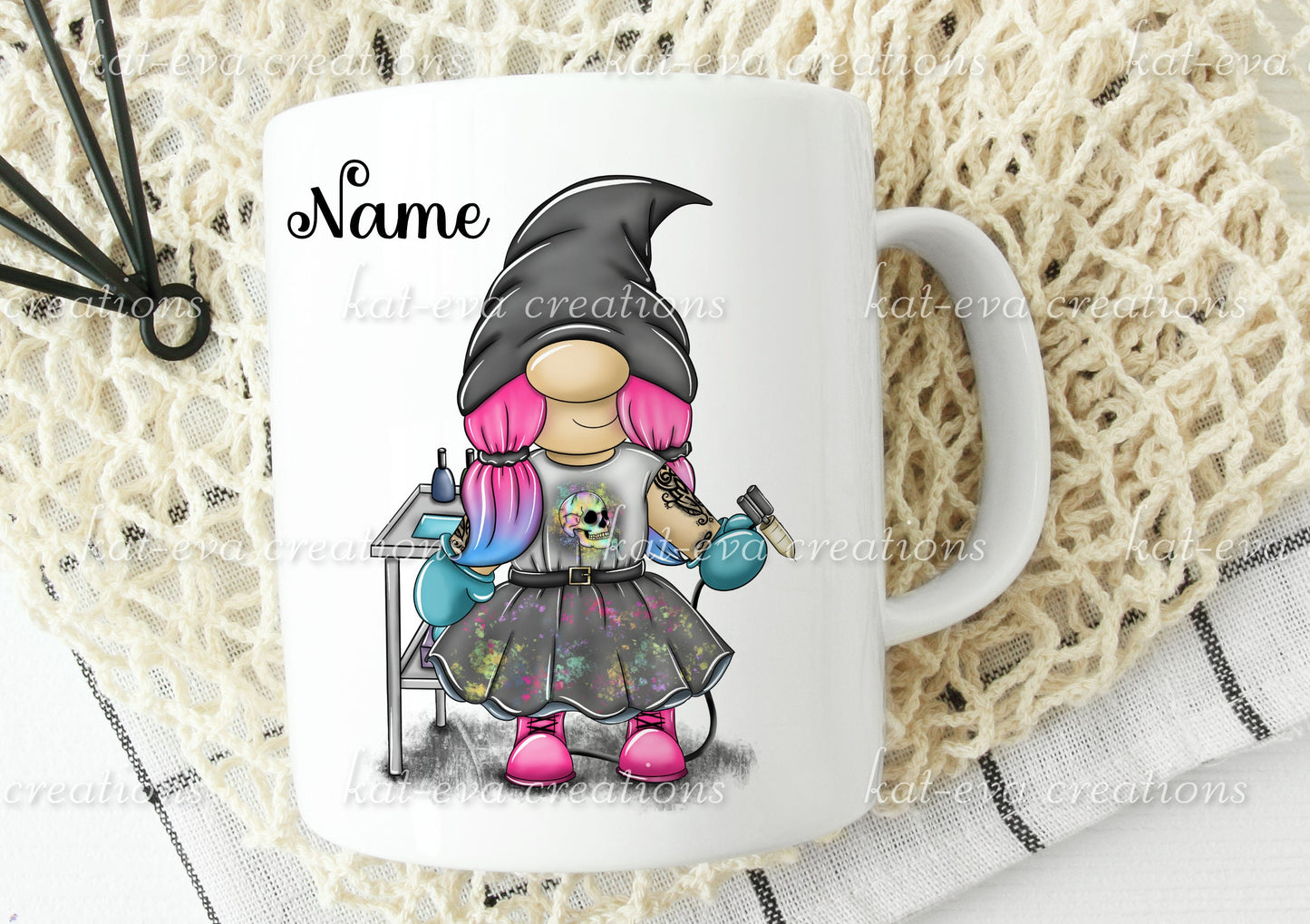 tattooist gnome, gonk gonkette personalised mug or mug and coaster set