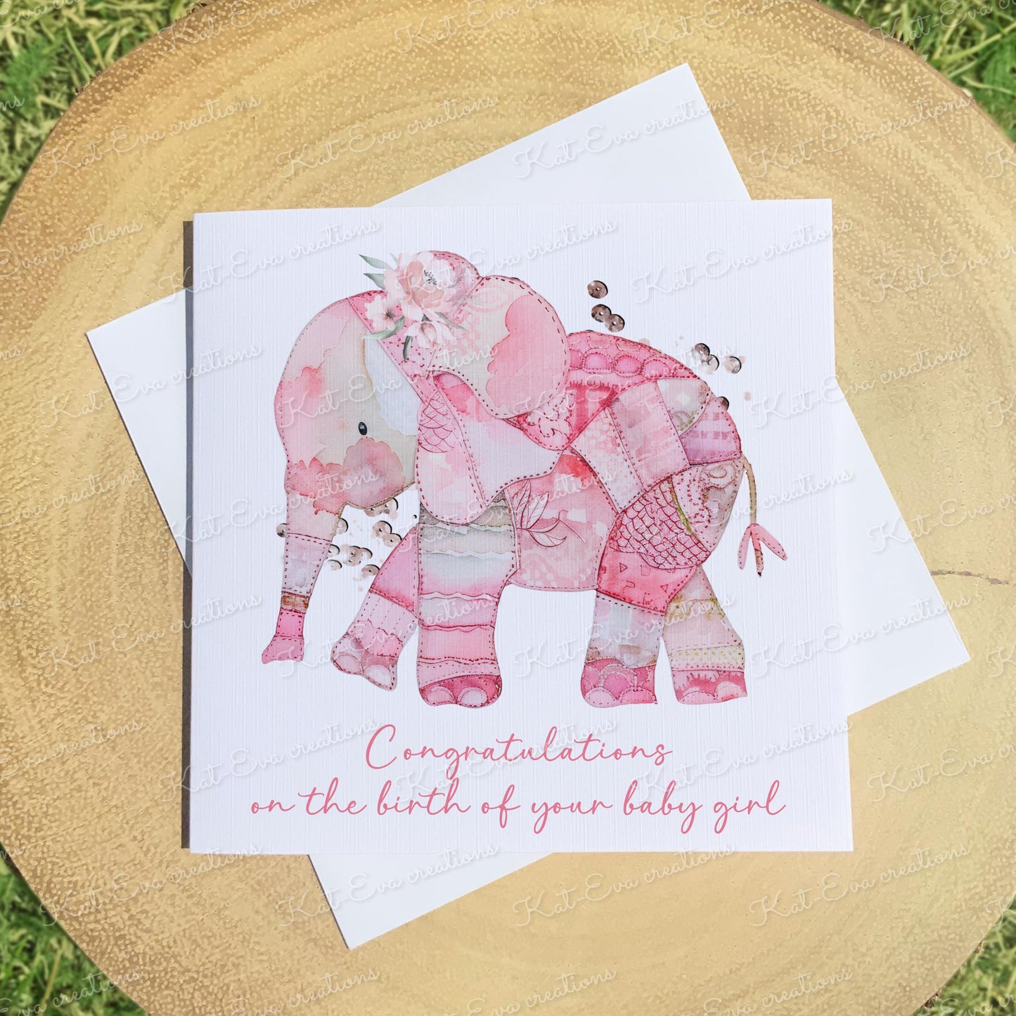 patchwork elephant card. Personalised congratulations card. 6x6inch card. Baby girl, Baby boy card. New baby card. Birthday card