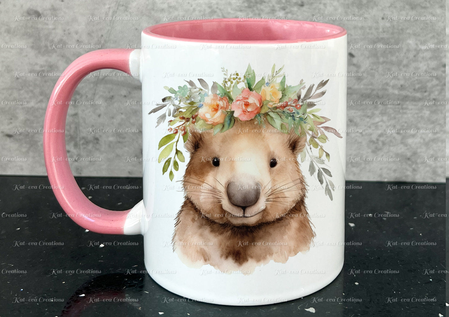 personalised wombat mug. Gorgeous Floral wombat Cup. Ideal for birthday, secret santa, stocking filler or Christmas present
