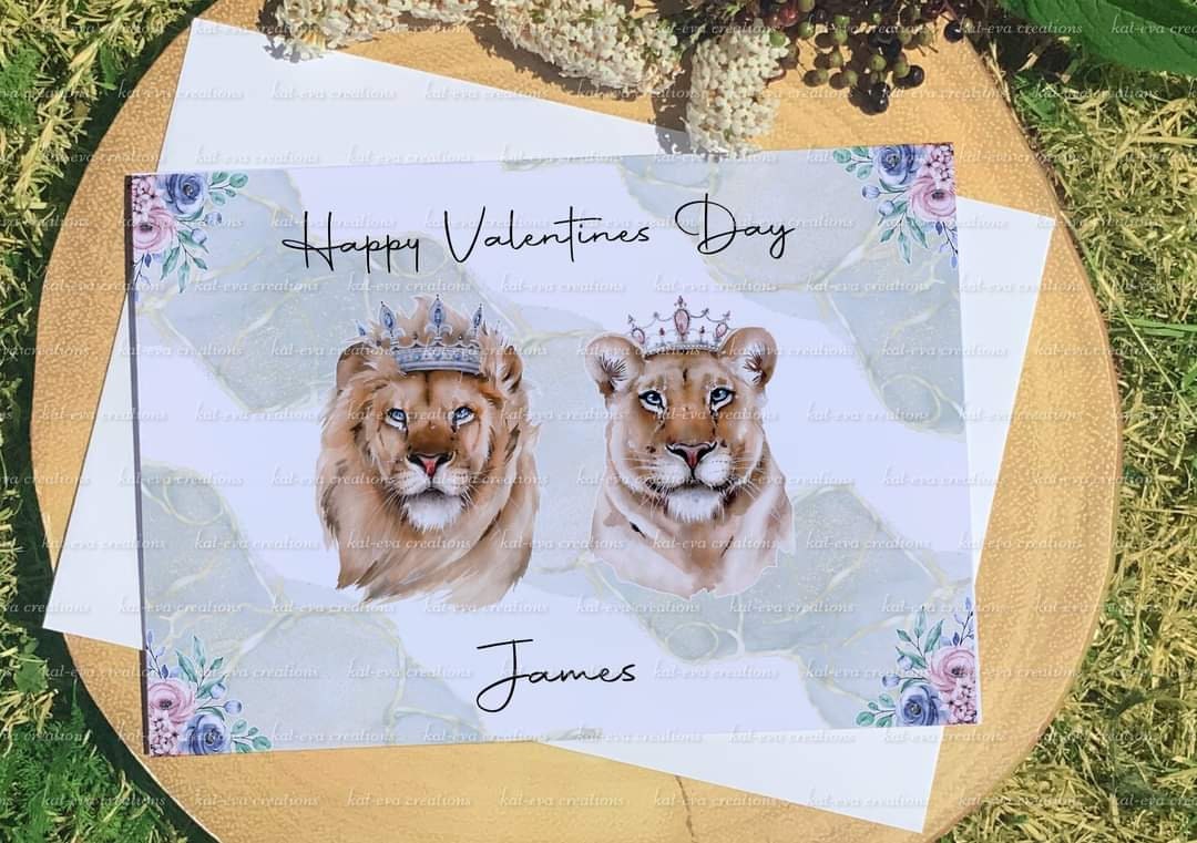 Personalised lion couple card. Ideal for valentine's Day, weddings, engagement or anniversaries