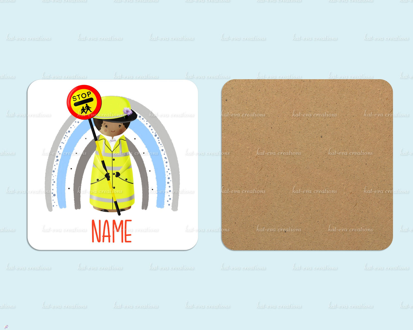 personalised lollipop lady / man / crossing peg doll rainbow 11oz mug or mug and coaster set