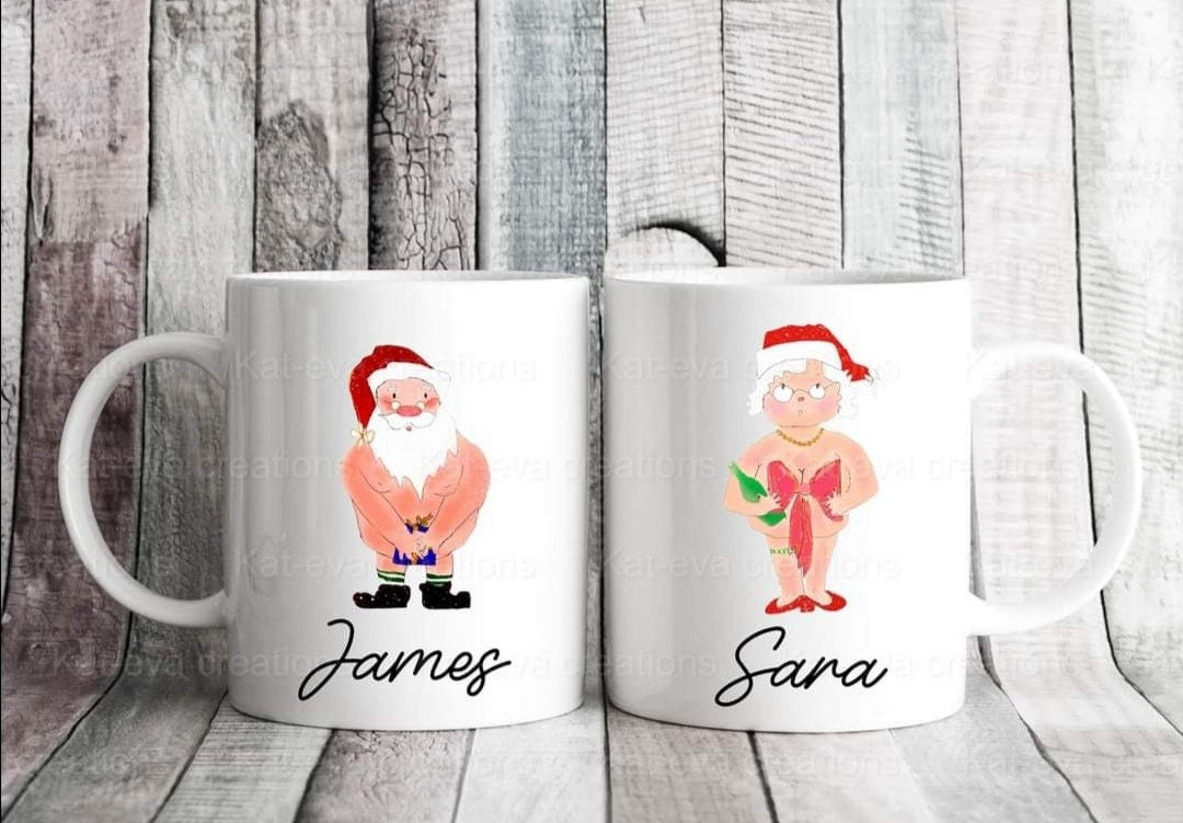Naughty santa or mrs claus personalised mug. Ideal secret santa or joke present