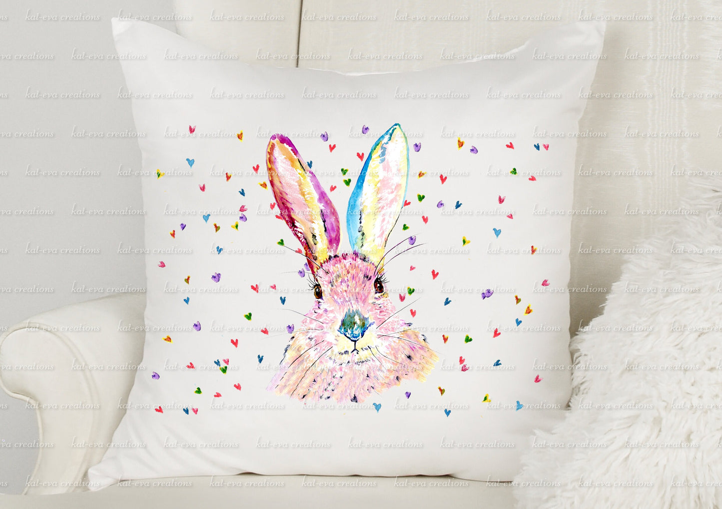 Beautiful rabbit cushion. personalised bunny pillow. watercolour hare/ bunny / rabbit cushion. ideal birthday or easter gift