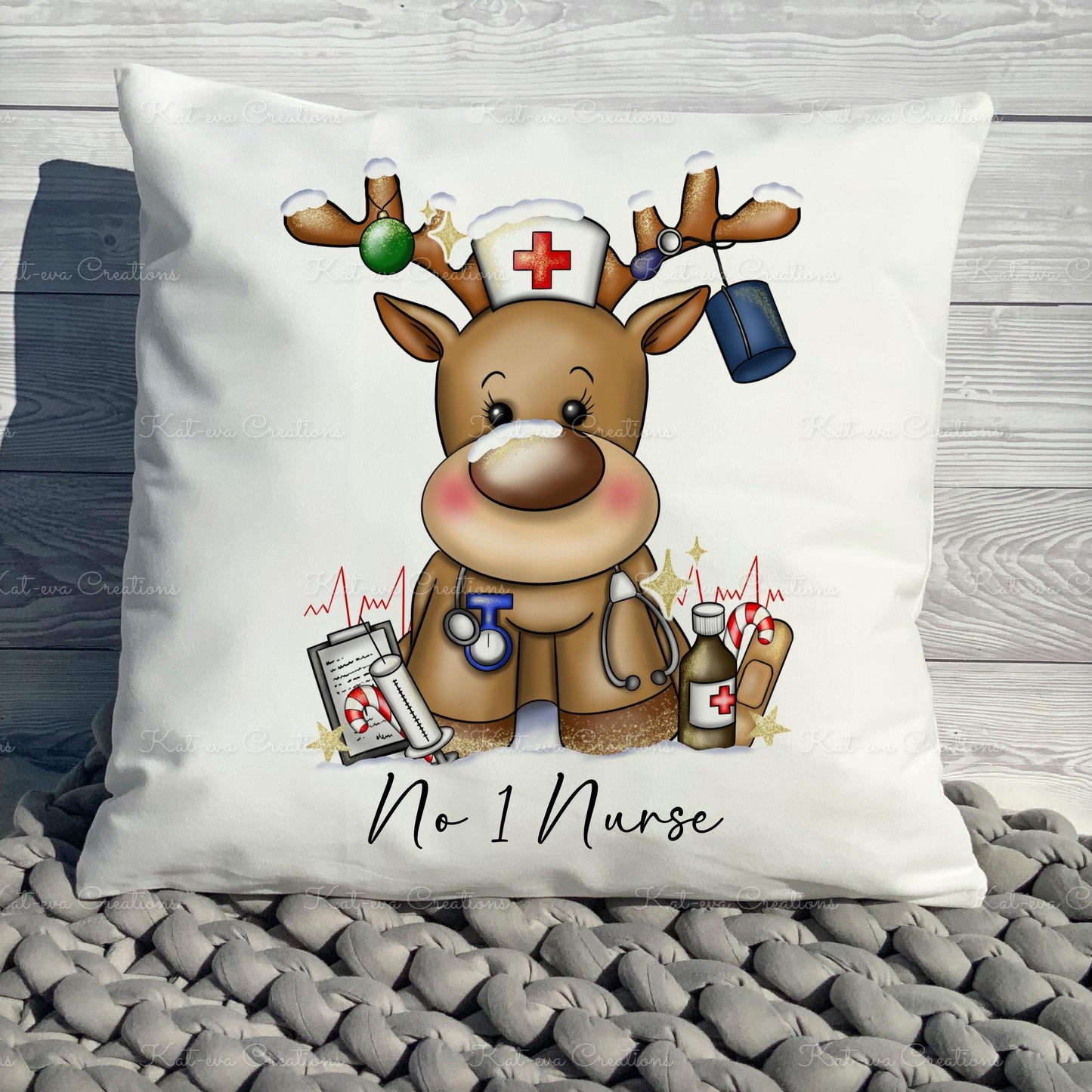 Nurse reindeer cushion. personalised nurse cushion. ideal christmas or secret santa gift or as a thank you present