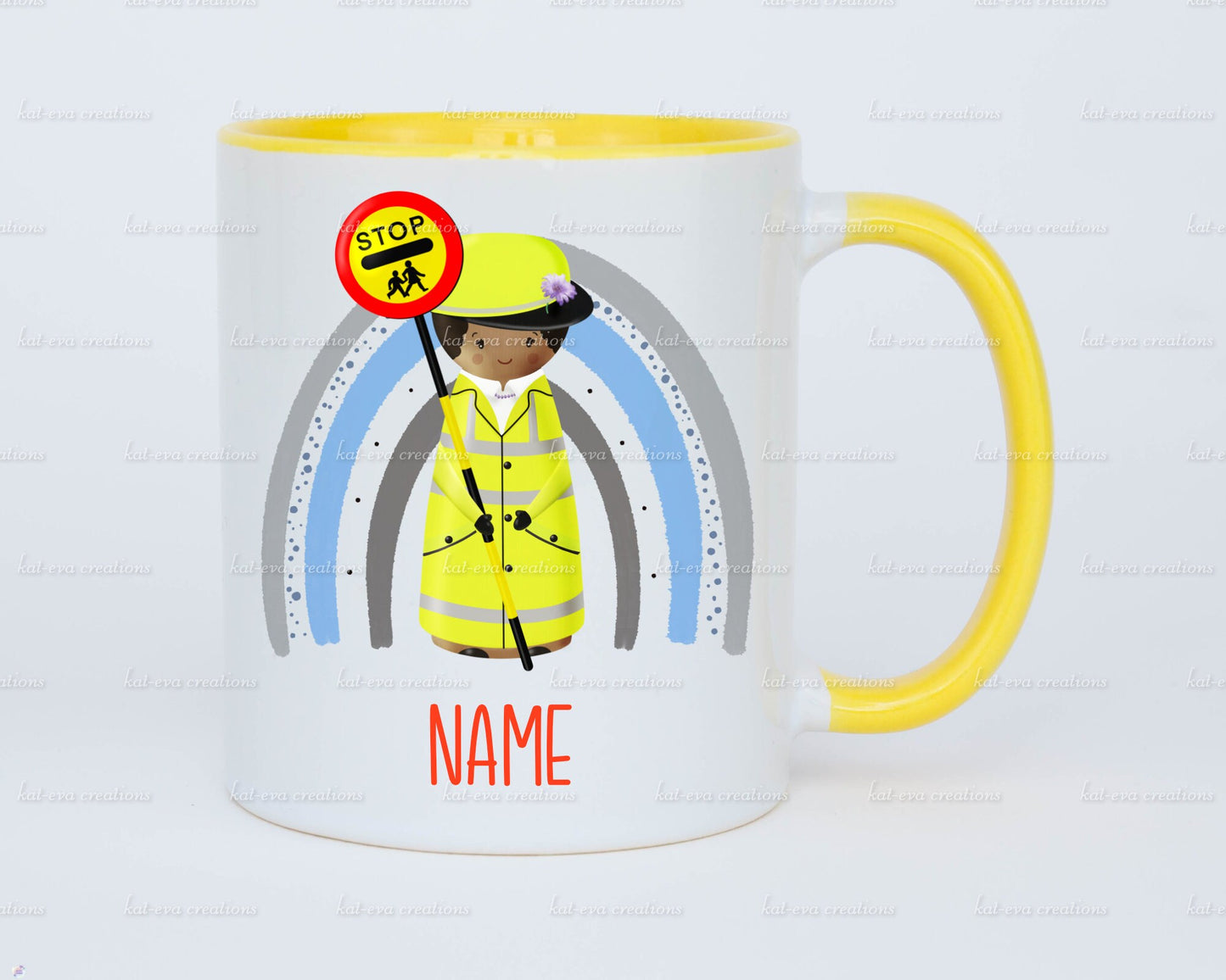 personalised lollipop lady / man / crossing peg doll rainbow 11oz mug or mug and coaster set