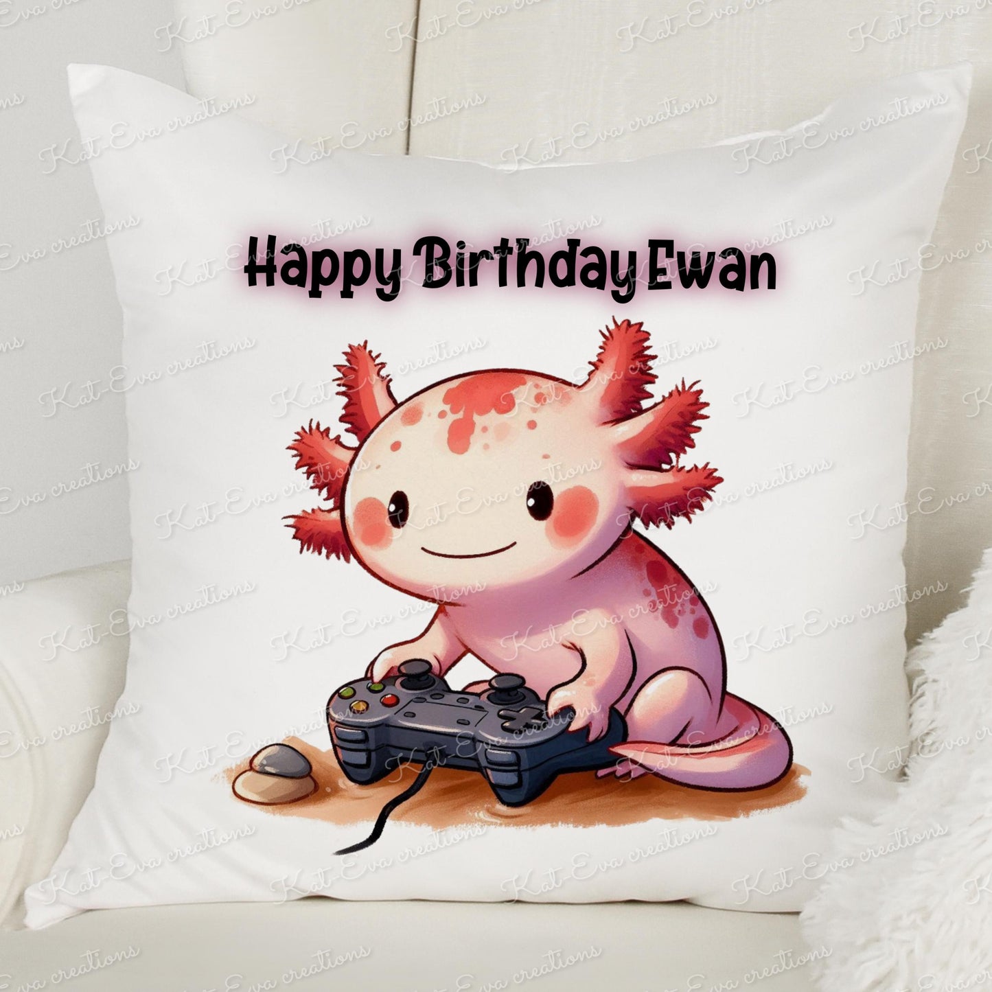 Gaming axolotl cushion. Personalised axolotl cushion. gamer axolotl. Birthday gift. Good luck present. Easter or fathers day gift
