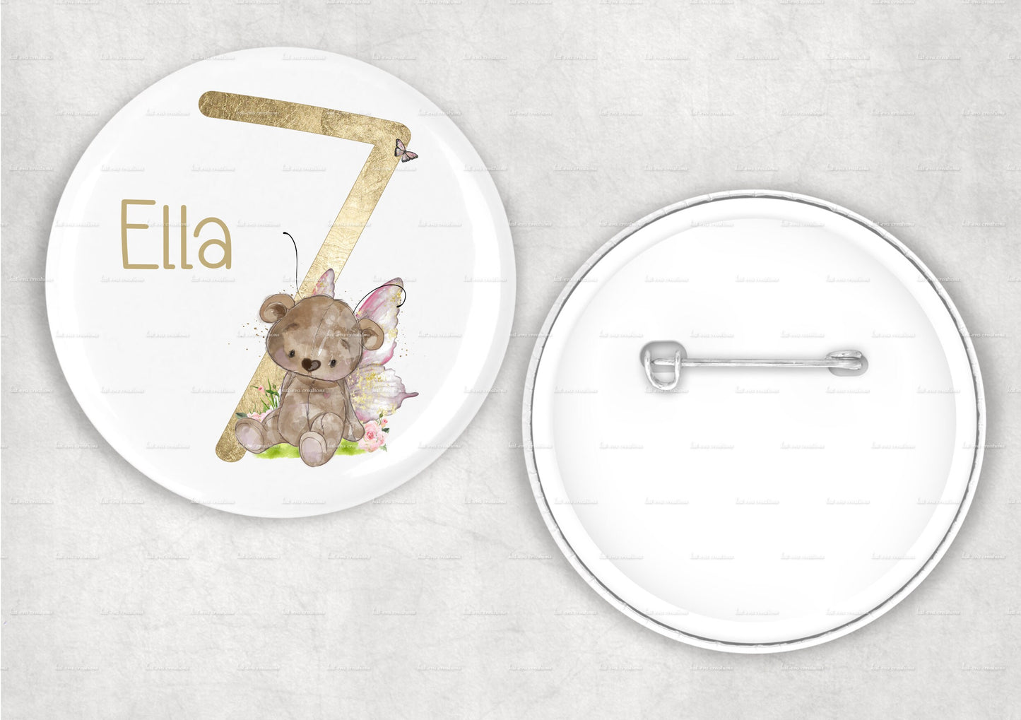 Personalised fairy birthday card. Bear fairy card and badge. number card and badge
