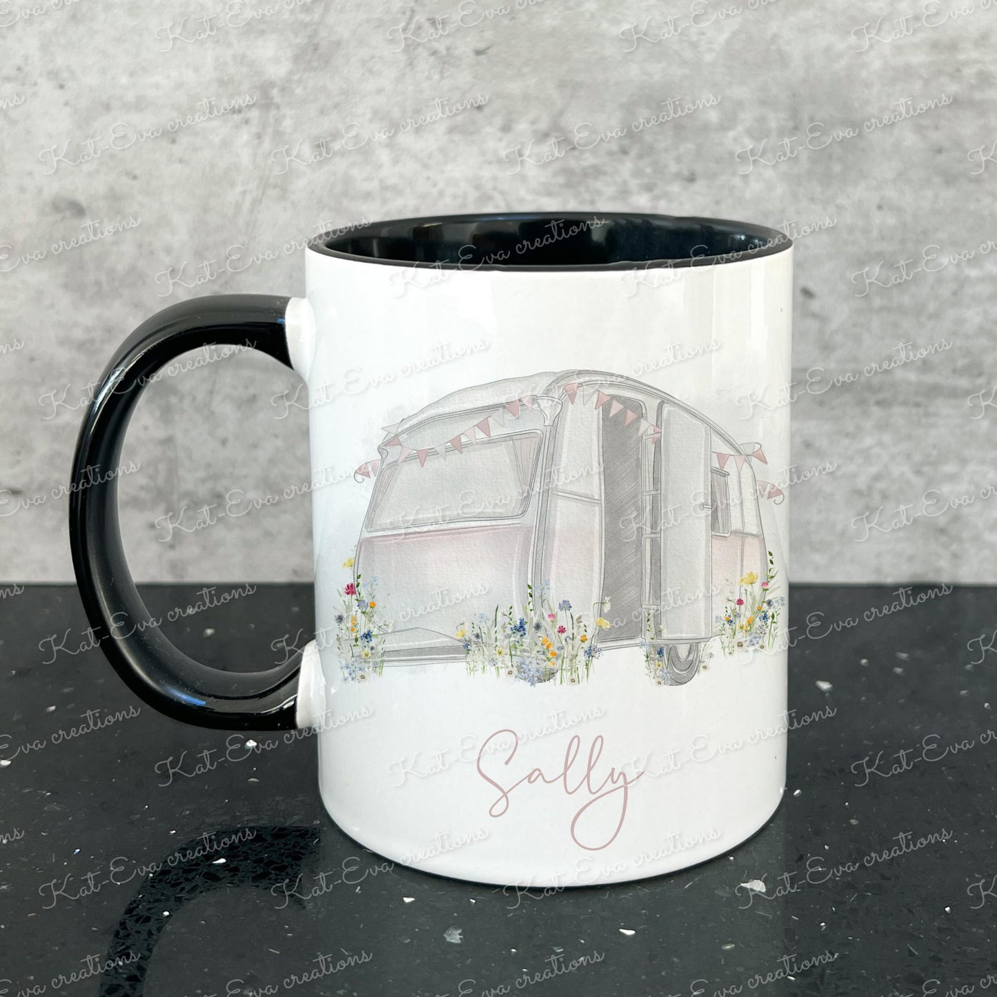 caravan mug. personalised wild flower caravan cup. Ideal birthday, valentines or retirement gift. Mothers fathers day present. colour choice