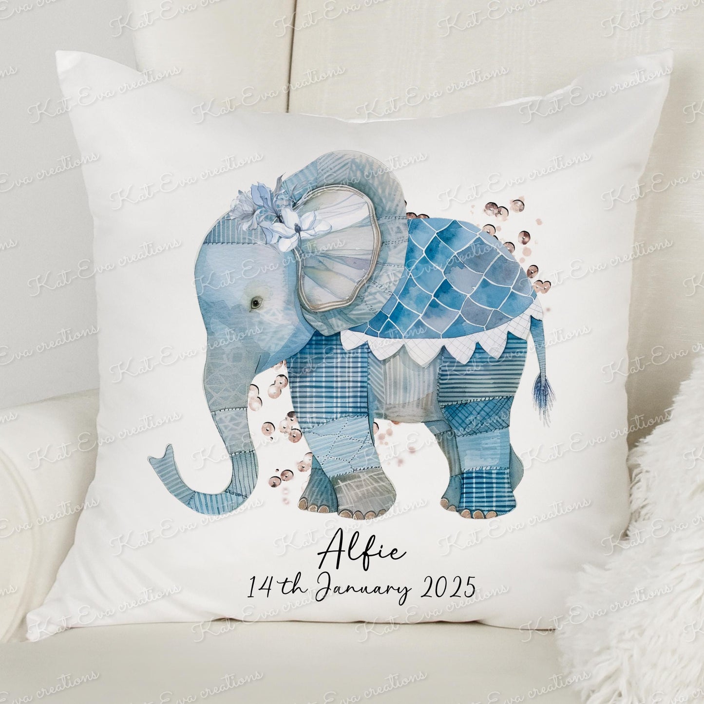 Patchwork elephant cushion. Personalised congratulations pillow. choice of elephant colour. newborn baby girl, baby boy. Birthday gift