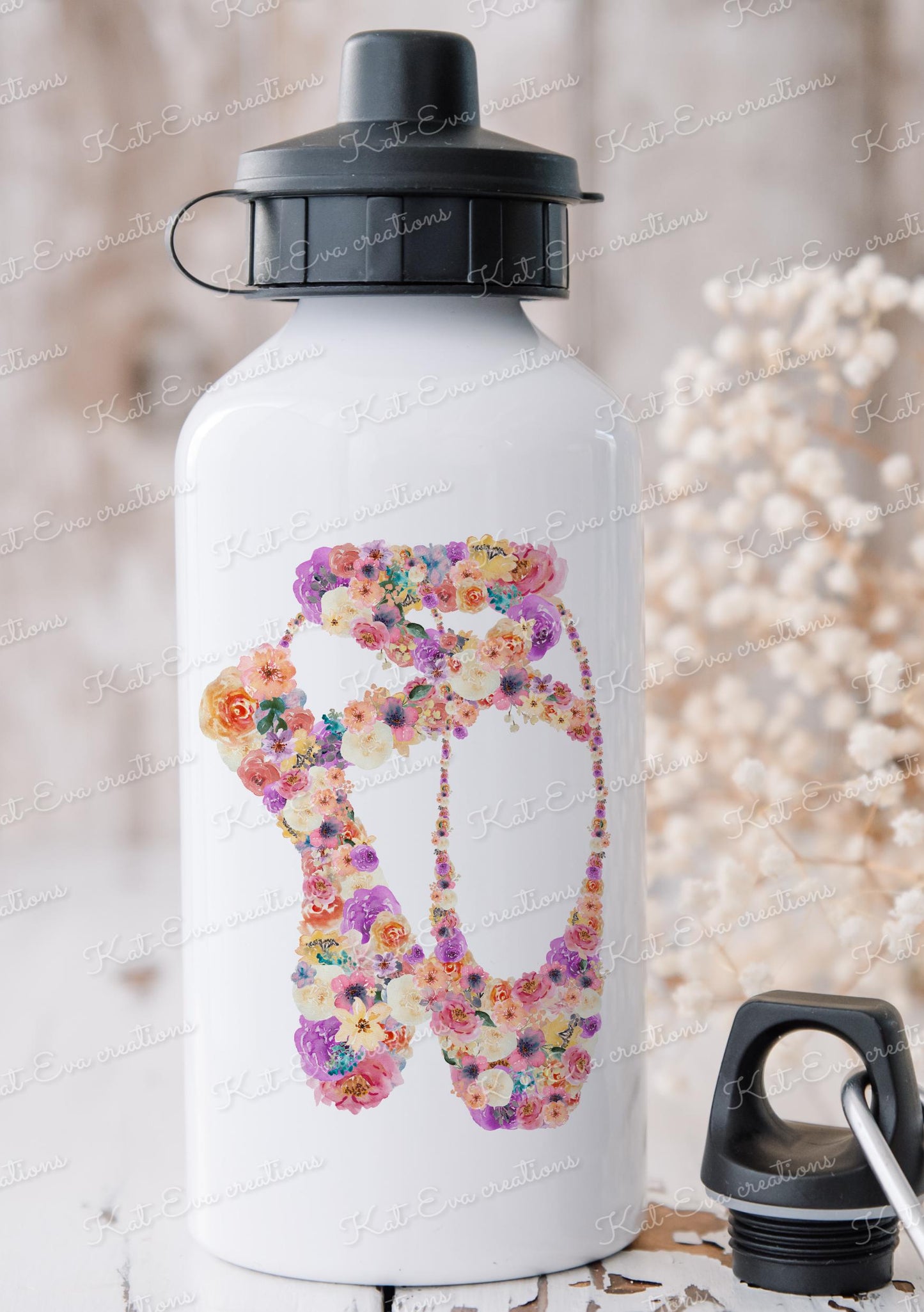 Ballerina bottle, Personalised ballet bottle. Floral ballerina bottle Choice of ballerina and name or wording ideal for school, dance class