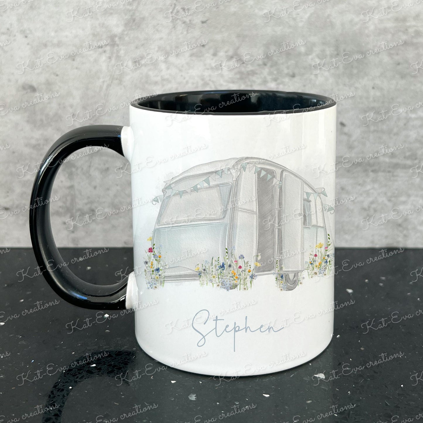 caravan mug. personalised wild flower caravan cup. Ideal birthday, valentines or retirement gift. Mothers fathers day present. colour choice