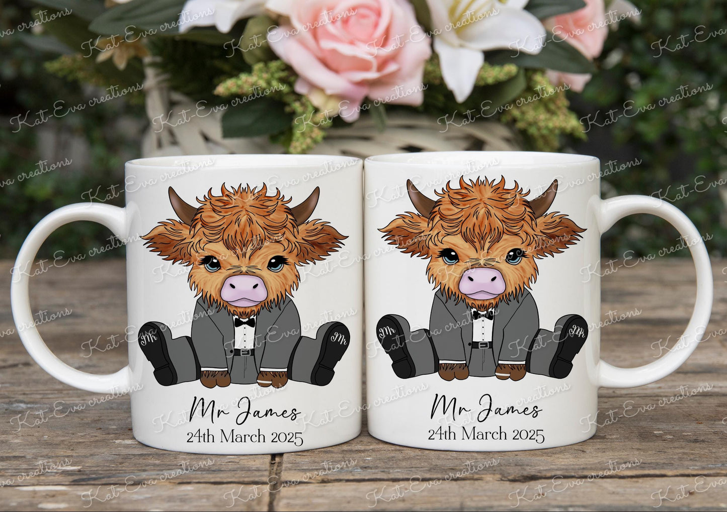 Highland cow Wedding mugs. Personalised mug. Engagement, wedding or anniversary cup Highland cow congratulations. highland coo