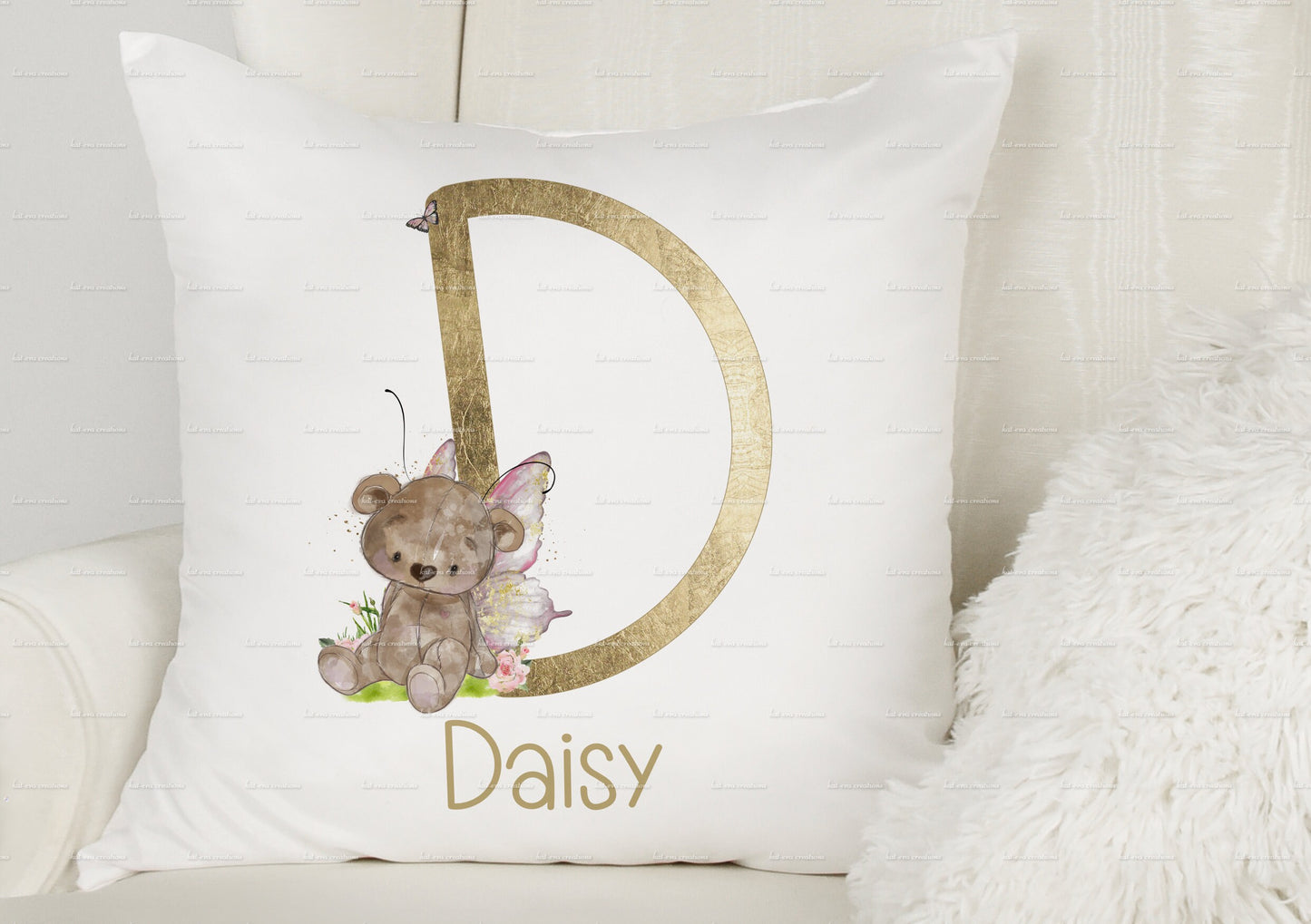Personalised cushion, Fairy bear cushion, Initial cushion