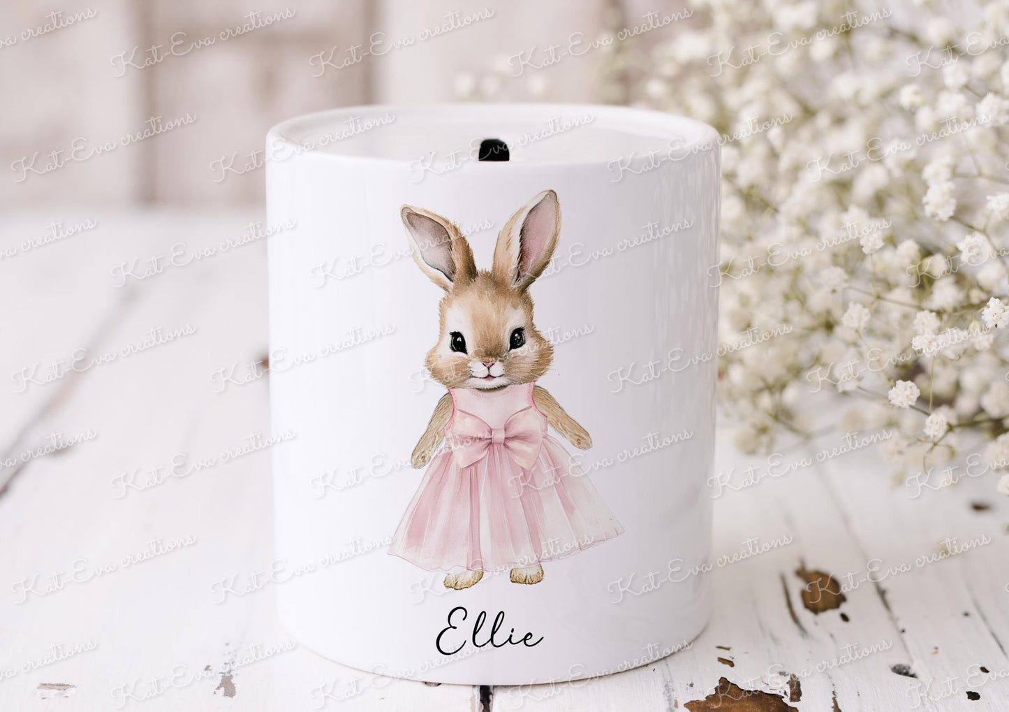 rabbit money box. Personalised bunny moneybox. Ideal for newborn or christening gift. Birthday or baptism present