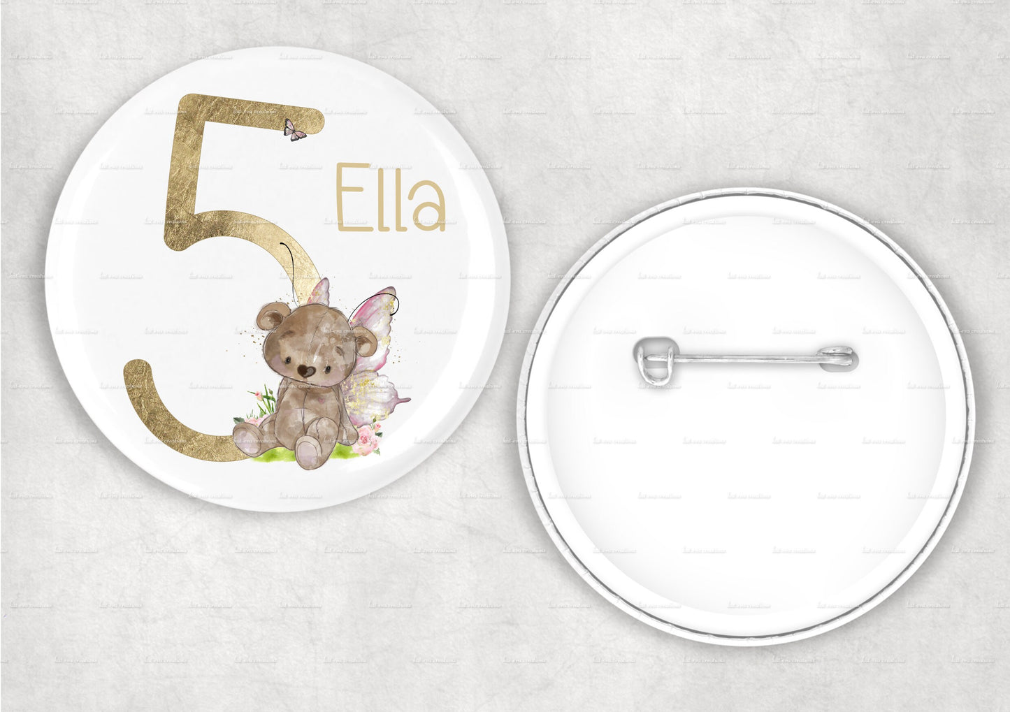 Personalised fairy birthday card. Bear fairy card and badge. number card and badge