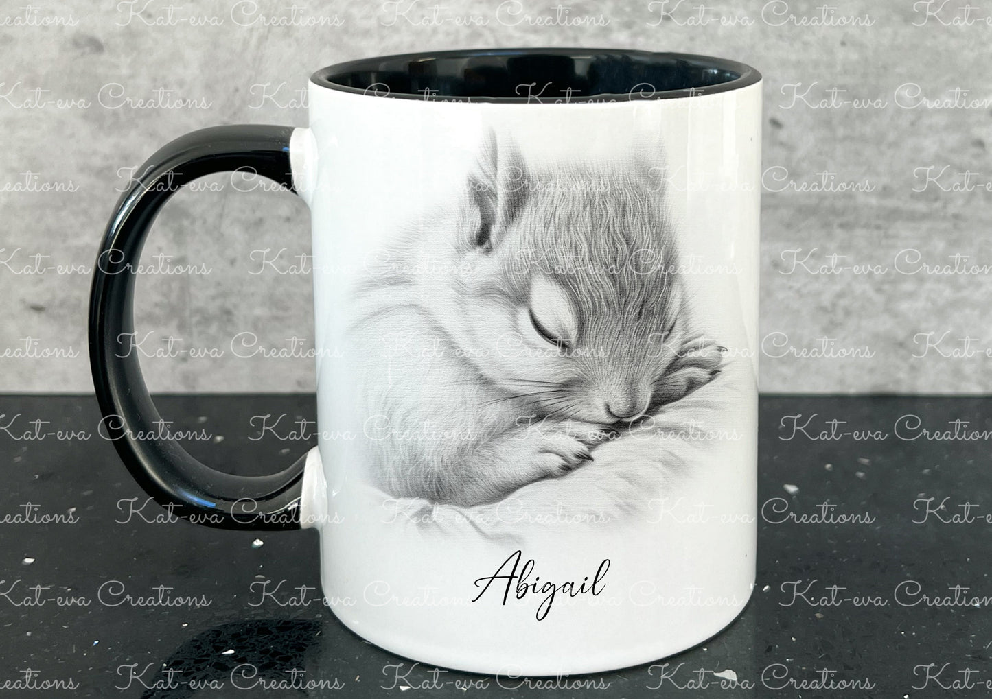 sleeping squirrel mug. Personalised squirrel cup. Ideal gift for Christmas. Birthday, secret santa or stocking filler