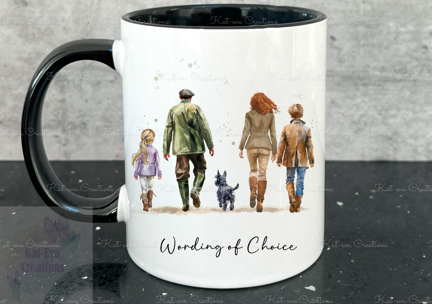Dog and owner mug. personalised dog mug. Country walk family cup. Lots of different dogs available