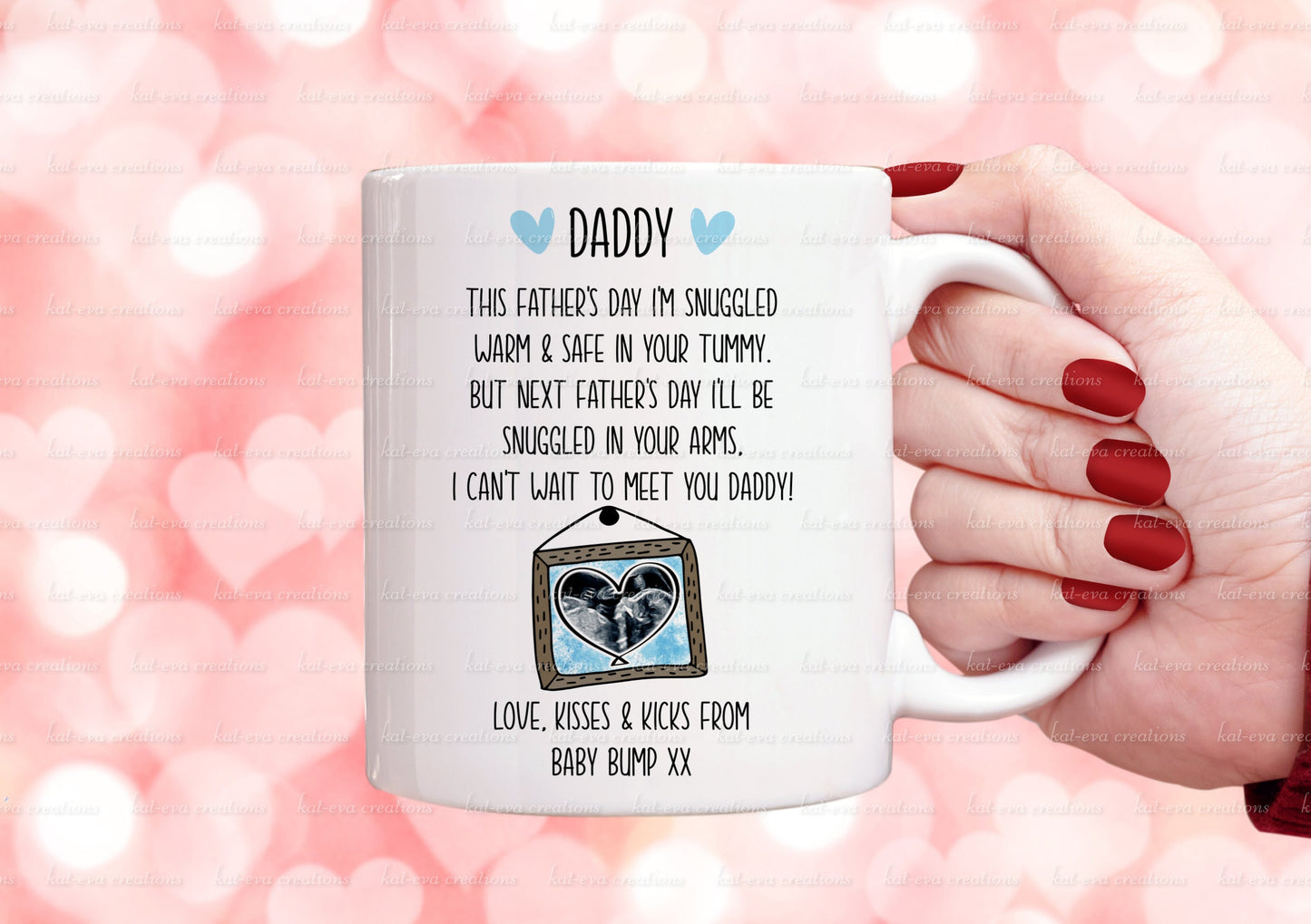 father's day pregnancy mug. Can be personalised with scan picture and names
