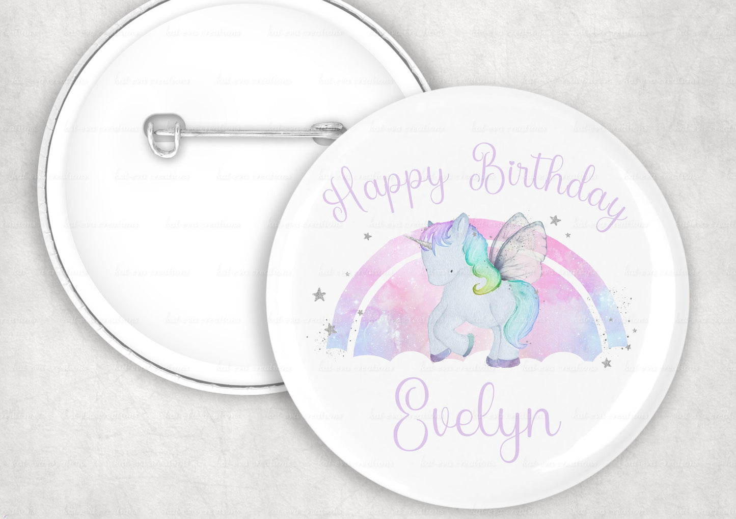 personalised unicorn rainbow birthday card. matching badge available in 45mm 58mm or 77mm sizes