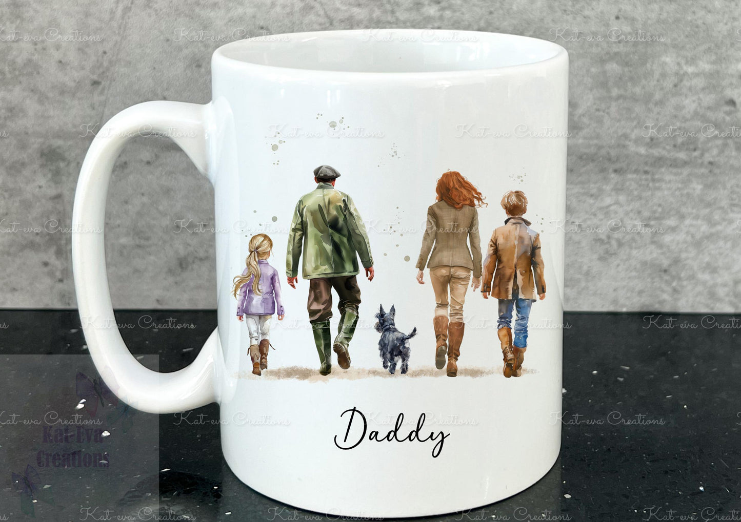 Dog and owner mug. personalised dog mug. Country walk family cup. Lots of different dogs available