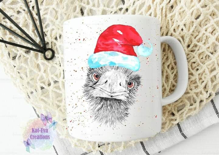 Personalised emu mug or mug and coaster set. christmas ostrich / emu design