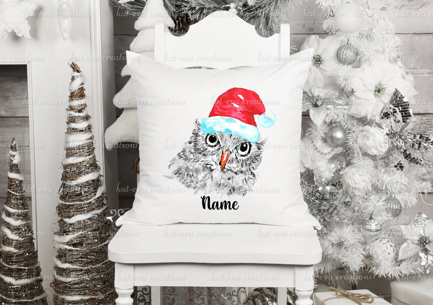 watercolour Owl cushion, can be personalised, Different backgrounds and christmas accessories available. ideal christmas decor or xmas gift