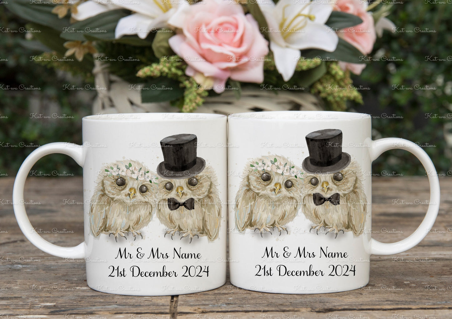 Wedding gift, Personalised Wedding mug set. Owl cups. Bride and Groom Owl present
