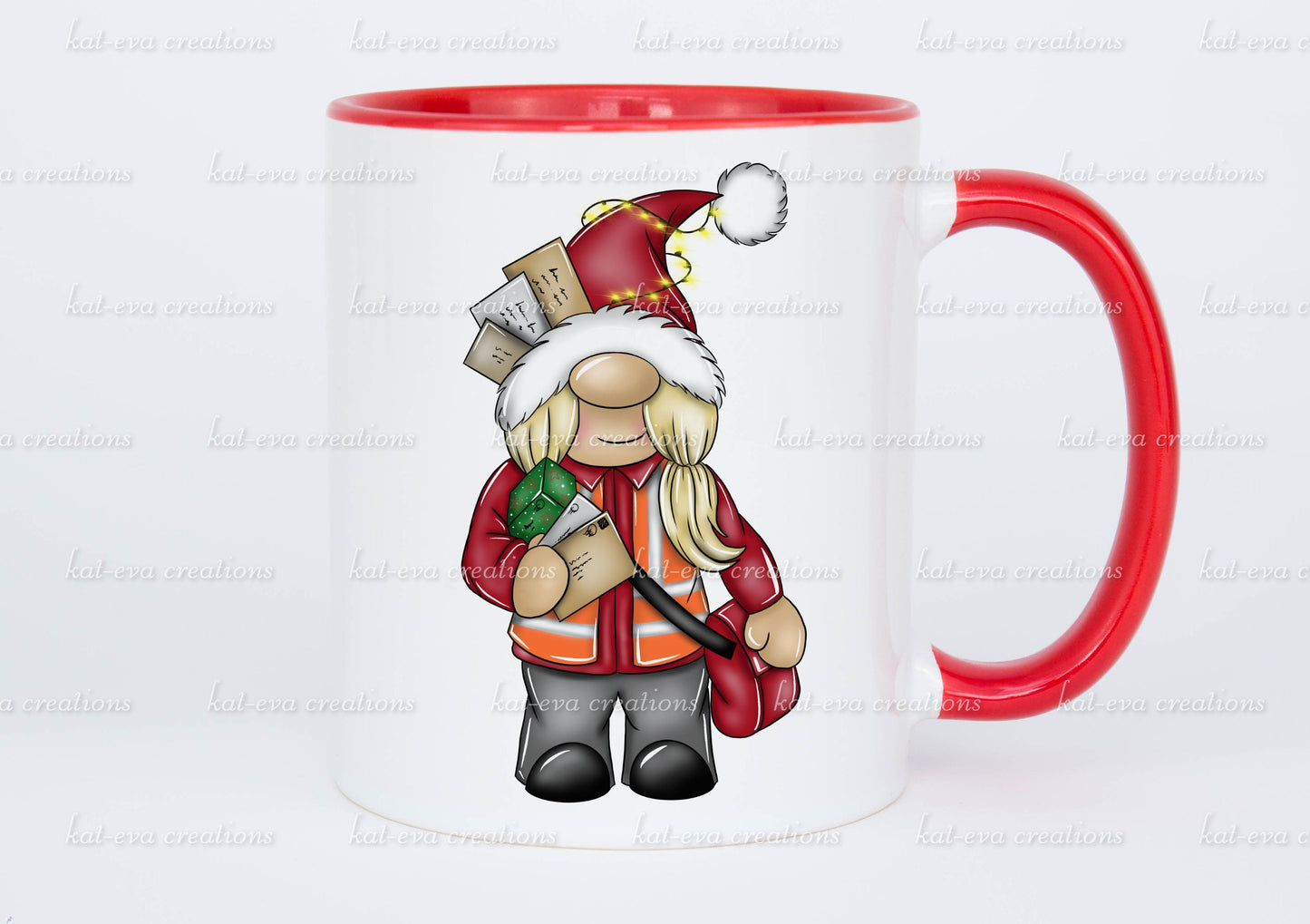 Christmas post lady mug. can be personalised. christmas gnome / gonk postman post lady