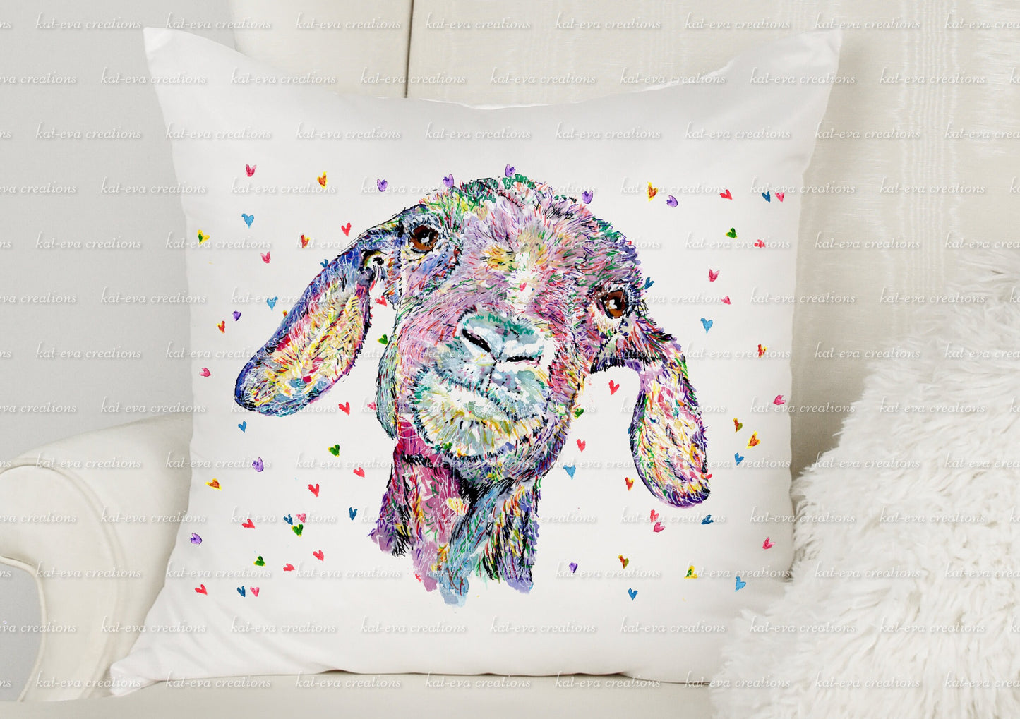 Watercolour goat cushion. can be personalised.