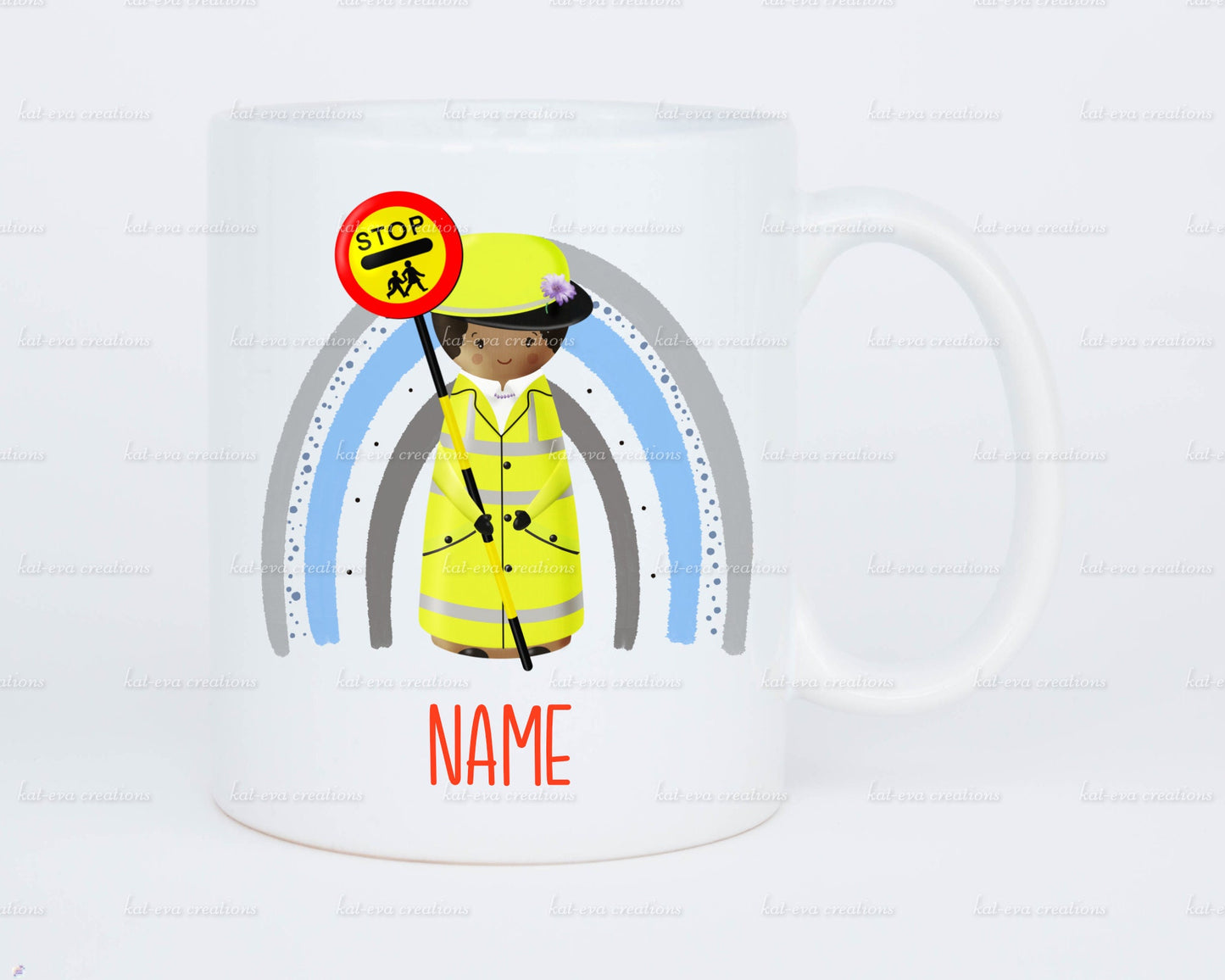 personalised lollipop lady / man / crossing peg doll rainbow 11oz mug or mug and coaster set