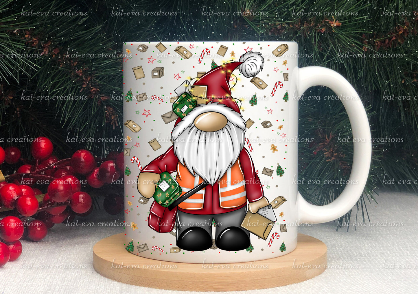 Christmas postman mug. can be personalised. christmas gnome / gonk postman post lady