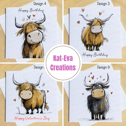sketchy highland cow card (lots of different cows available) ideal for birthday or valentines day