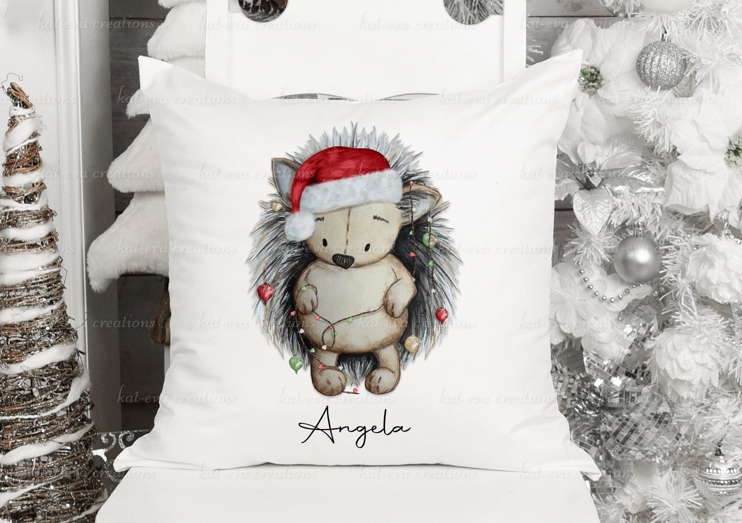 personalised hedgehog cushion, Christmas hedgehog pillow