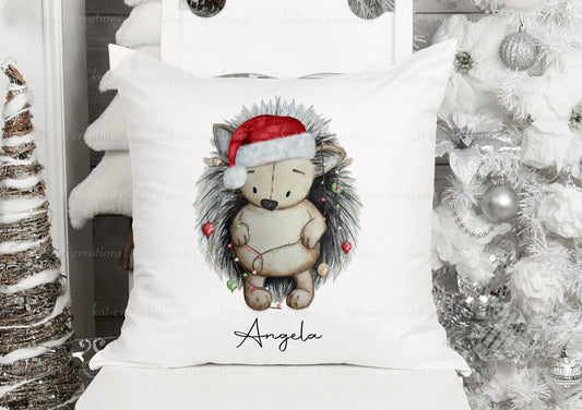personalised hedgehog cushion, Christmas hedgehog pillow