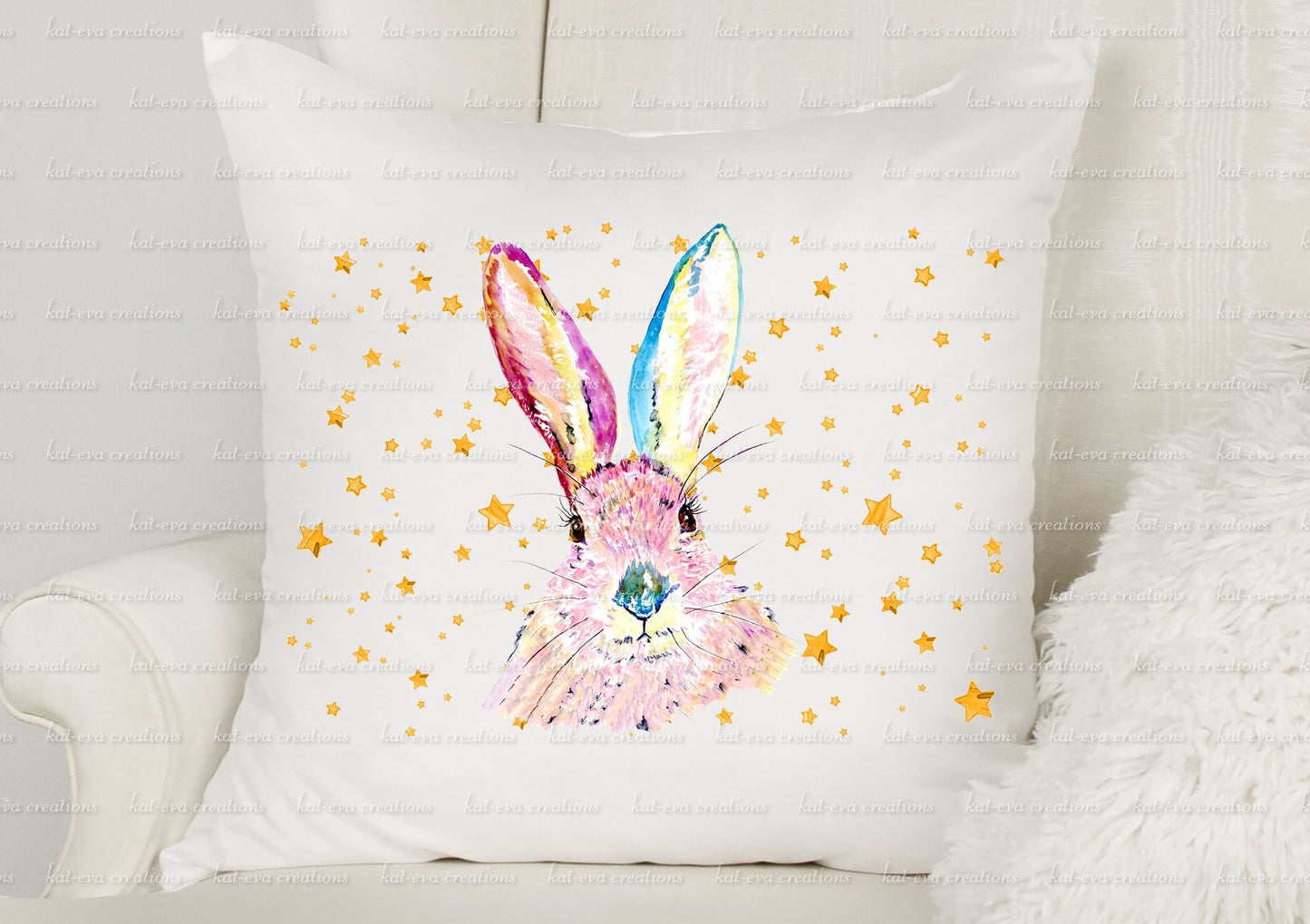 Beautiful rabbit cushion. personalised bunny pillow. watercolour hare/ bunny / rabbit cushion. ideal birthday or easter gift