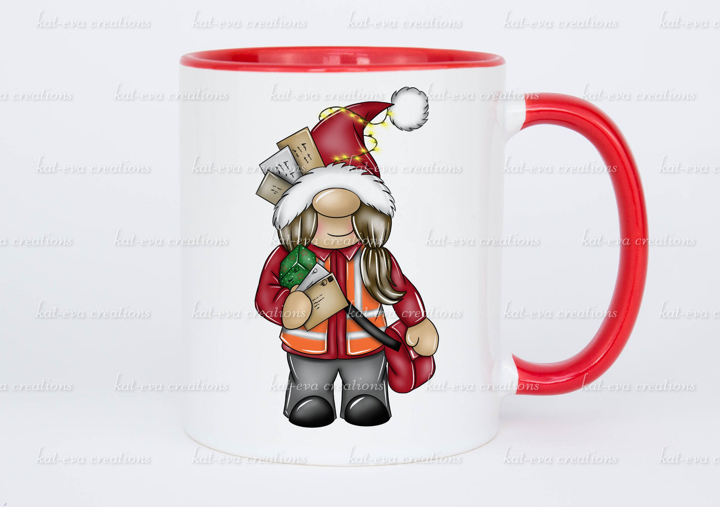 Christmas post lady mug. can be personalised. christmas gnome / gonk postman post lady