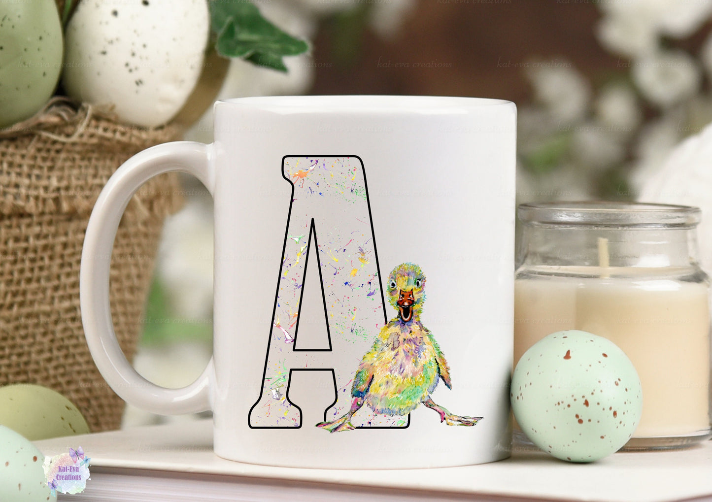 Watercolour duck / duckling initial mug, can be personalised.