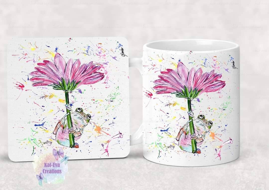 Watercolour frog mug, available with or without coaster. can be personalised.