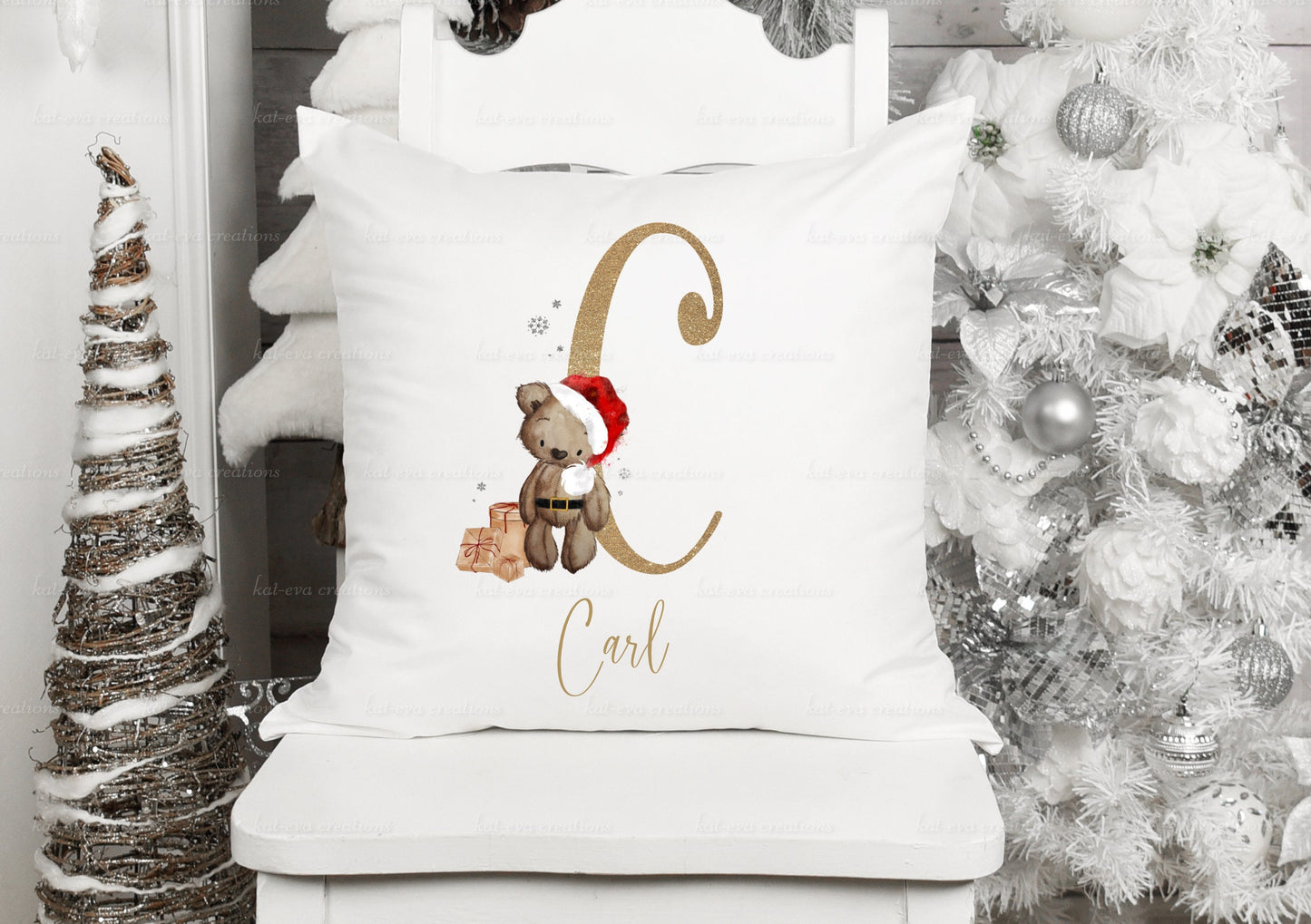 Beautiful Christmas teddy bear initial alphabet cushion